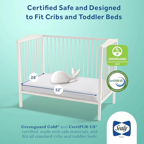 Sealy Baby Infant & Toddler Crib Mattress - Butterfly Knit Premium Foam, Waterproof and Breathable, Non Toxic Washable Zip off Cover, GREENGUARD GOLD Certified, Made in USA, 52x28