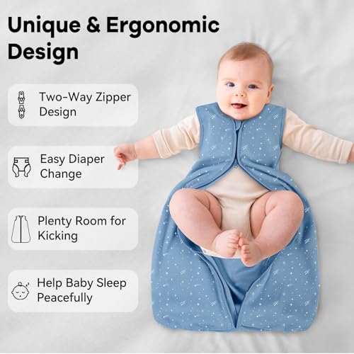 Unnivoll Baby Sleep Sack 6-12 Months 3 Pack 100% Cotton Lightweight 0.5 TOG Wearable Blanket Baby Sleep Bag with 2-Way Zipper for Newborn Infant Blue