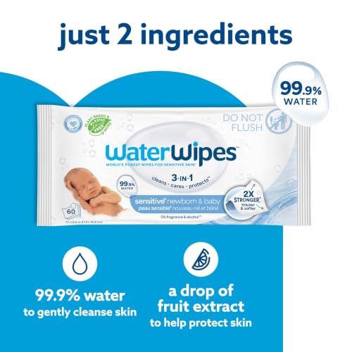 WaterWipes Sensitive+ Newborn & Baby Wipes, 3-In-1 Cleans, Cares, Protects, 99.9% Water, Unscented & Hypoallergenic, 180 Count (3 Packs)