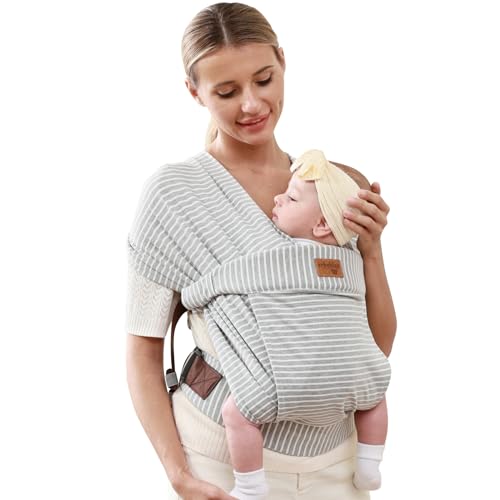 vrbabies Baby Wraps Carrier Newborn to Toddler, Kangaroo Baby Easy Wearing Wrap, Adjustable Soft Baby Holder Front Chest Sling Carriers Perfect Infant Essentials Gifts (Striped Grey, Cotton)