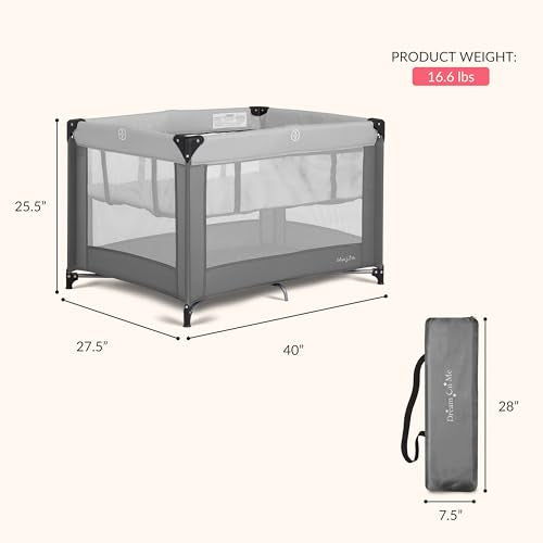 Dream On Me Zazzy Portable Playard with Bassinet - 360° Mesh Visibility, Quick Folding Travel Friendly Design, Carry Bag and Foldable Mattress Pad Included, Compact and Lightweight - Gray