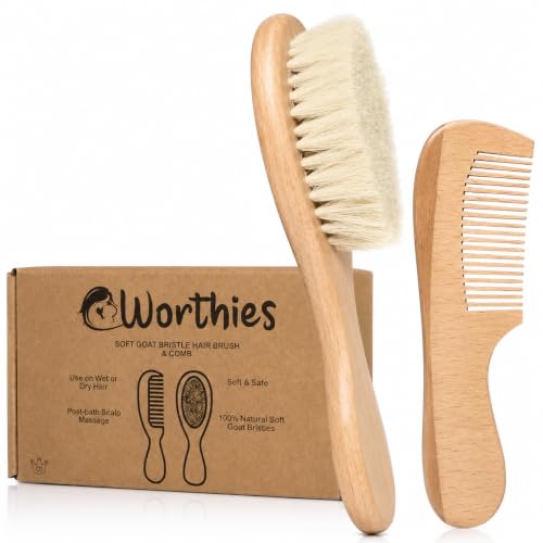 Worthies Baby Hair Brush and Comb Set, Wooden Newborn Brush with Soft Goat Hair Bristles, Gentle Infant Scalp Brush & Toddler Comb, Baby Grooming Kit, Cradle Cap Care, Registry Gift, 2 Count