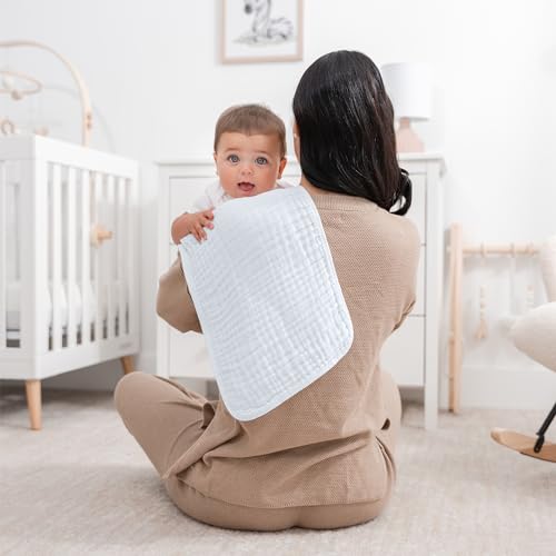Comfy Cubs Muslin Burp Cloths 20" x 10", Pack of 10 - Large, 6-Layer, Ultra Absorbent 100% Cotton for Baby Drool and Messes - Soft, Safe & Gentle Baby Burp Cloths for Boys & Girls - White