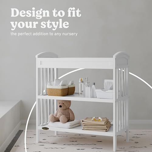 Graco Benton Changing Table with Bonus Water-Resistant Changing Pad (White) - GREENGUARD Gold Certified, Includes Diaper Change Pad with Safety Strap, 2 Open Storage Shelves for Organizing