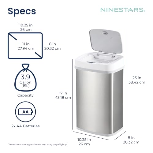 Ninestars NPT-15-1WH Automatic Touchless Motion Sensor Diaper Disposal Trash Can with lid, 4 gallon/15 L, White, Plastic