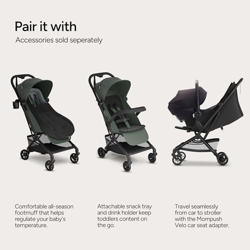 Mompush Velo Lightweight Travel Stroller, Compact & Airplane-Friendly Design with One-Hand Fold, Lie-Flat Recline from Newborn to Toddler, Includes Leather Bumper Bar, Raincover & Cup Holder