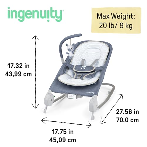 Ingenuity Gas Relief and Anti-Colic Baby Bouncer Seat and Rocker, Gentle Belly Massage to Relax and Soothe Bellies, Instant Tummy Soother, 20 Songs and Melodies – Chambray Blue
