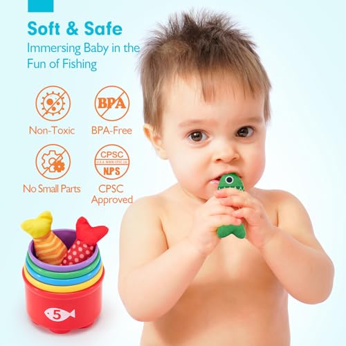 hahaland Montessori Toys for 1 Year Old Boy Girl Birthday Gift - 10 in 1 Cloth Fishing Game Toddler Toys with Stacking Cups - Number Counting, Color Sorting Learning