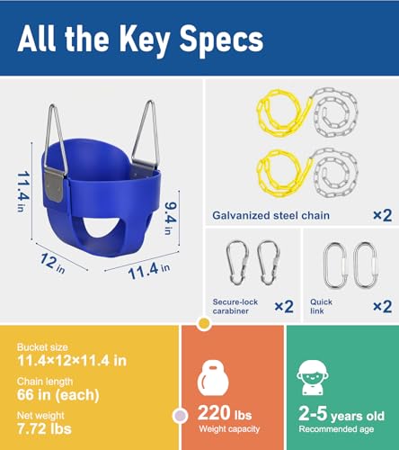 High Back Full Bucket, Toddler Swing with Coated Chains & Triangle Dip Pinch Protection for Safety, Baby Swing Outdoor with Locking Buckles, Toddler Bucket Swing for Backyard, Playground, Blue