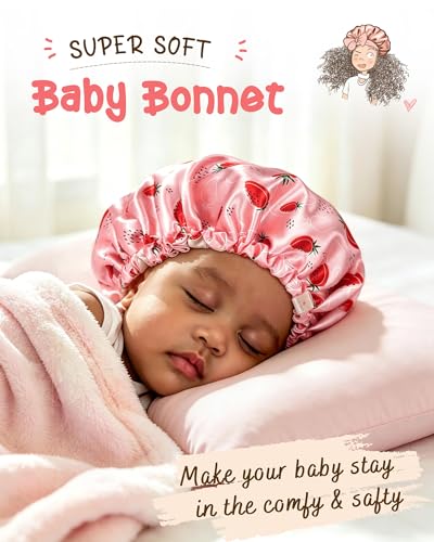 YANIBEST Baby Satin Bonnet Sleep Cap - Double Layer Reversible Adjustable Silky Satin Cap for Infant Toddler(6-36Months,Strawberry)