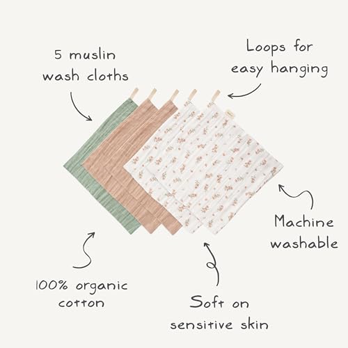mushie Muslin Organic Cotton Washcloths 5-Pack (Pink Flowers Combo) | Soft Wipes for Baby Cleanups and Bathing