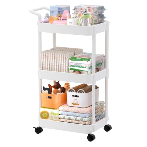 Volnamal Baby Diaper Caddy, Plastic Movable Cart for Newborn Nursery Essentials Diaper Storage Organizer for Changing Table & Crib, Easy to Assemble, Baby Registry, Off-White