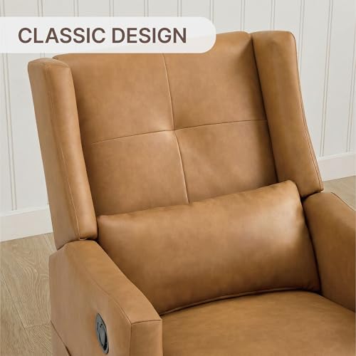 KISLOT Faux Leather Recliner Swivel Glider, 360° Rotation Nursery Chair Upholstered Reclining Rocker with Wood Base for Living Room Bedroom Nursery