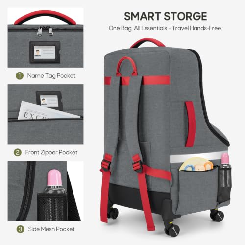 RAINSMORE Padded Car Seat Travel Bag for Airplane with Spinner Wheels, Heavy Duty Carseat Backpack for Air Travel Large Rolling Airport Gate Check Bags Fits Baby Car Seats & Boosters, Grey