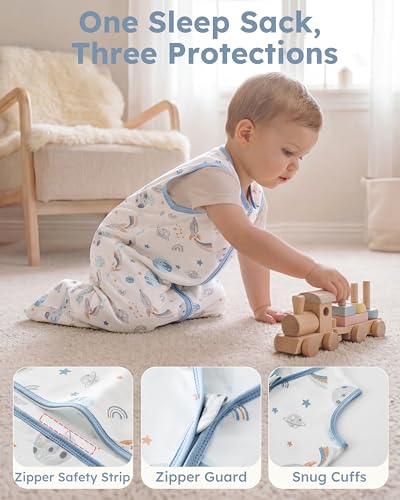 Nyessmee Baby Sleep Sack 0-6 Months 0.5 TOG, 100% Cotton Baby Wearable Blanket 2 Pack with 2-Way Zipper, Lightweight Sleep Bag for Boys ＆ Girls Newborn Infant Breathable Sleeing Sack Blue Rokets