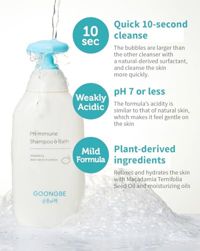 GOONGBE Pri-mmune Baby Shampoo & Body Wash for Sensitive Skin & Hair – Korean 2-in-1 Tear-Free Tested Head-to-Toe Cleanser, Sulfate-Free Low pH with Ceramide NP & Royal Oji Complex, Quick Rinse 11.8oz