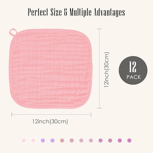 BAMBOO QUEEN Baby Washcloths -100% Cotton Muslin Soft Baby Bath Wash Cloths and Absorbent Baby Wipes for Newborns Kids Girls and Boys - 12 Pack, 12x12 Inches - Pink, Purple, Sakura Series