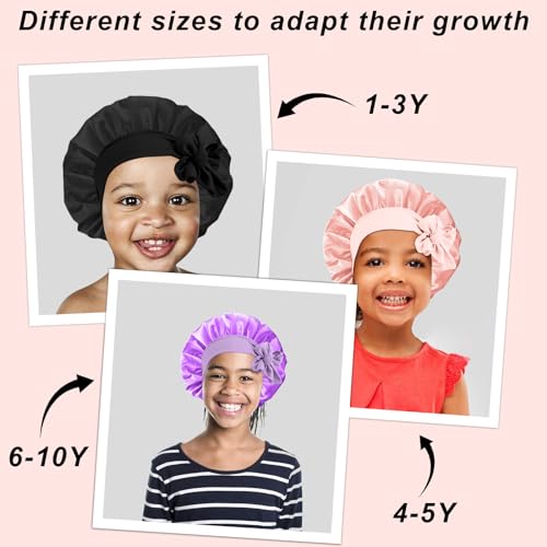 FIRSTPELLA 3 Pcs Baby Hair Bonnet for Sleeping - Kids Silk Satin Bonnets for Girls Curly Hair,Satin Sleep Bonnet for Teens Toddler Child(Pink+Black+Purple)