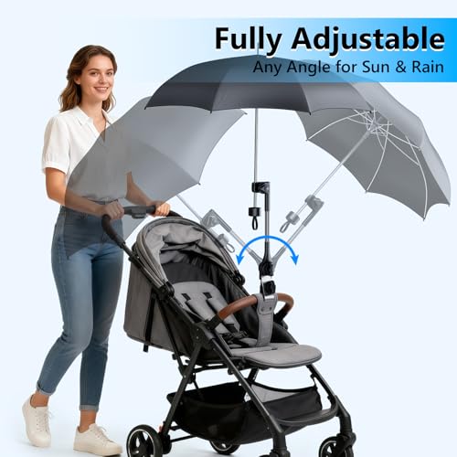 Umbrella Holder for Stroller Chair, 360° Adjustable Clip On Umbrella Attachment, Universal Umbrella Clamp Mount for Golf Cart, Wheelchair, Beach Chair, Camping Chair Outdoor Auto Scooter