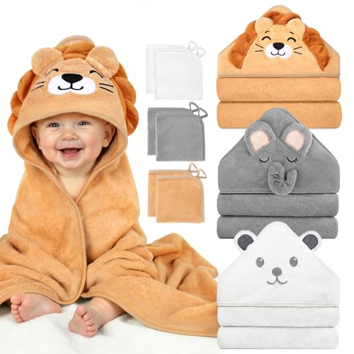 9 PCS Baby Bath Towels Set for Newborn Essentials (Lion, Bear, Elephant)