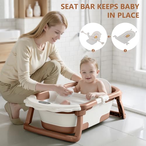 MoreFeel Foldable Baby Bathtub with Thermometer - 4-in-1 Grow-with-Me Collapsible Infant Tub (Newborn to Toddler) with Adjustable Mesh Sling - Space Saving Design