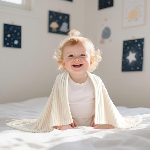 Eonkasp Soft Fleece Baby Blanket Ultra Cozy Baby Blankets for Boys Girls Warm and Lightweight Infant Toddler Newborn Receiving Gift with Reversible Stripes for Crib Stroller, 30x40 Inch, Cream