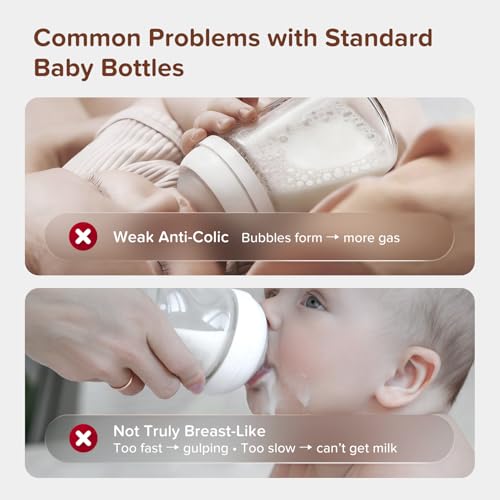Thyseed Anti-Colic Glass Baby Bottle for Breastfed Infants, Natural Feeding, Breast-Like Newborn Slow Flow Nipple (1m+), 5 oz, 2 Pack