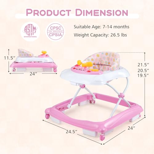 BABY JOY Baby Walker, 4 in 1 Foldable Activity Walker with Adjustable Height, Music, Lights, Anti-Rollover Toddler Push Walker, Baby Walker with Wheels for Boys Girls 7-14 Months (Pink)