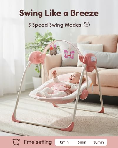 Baby Swings for Infants, Tiny Marvels Portable Swing with Adaptable Speed, Music, Removable-Toy-Bar, Foldable Infant Swing for Indoor and Outdoor Use, 0-9 Months 6-20 lbs(Blush Bloom)
