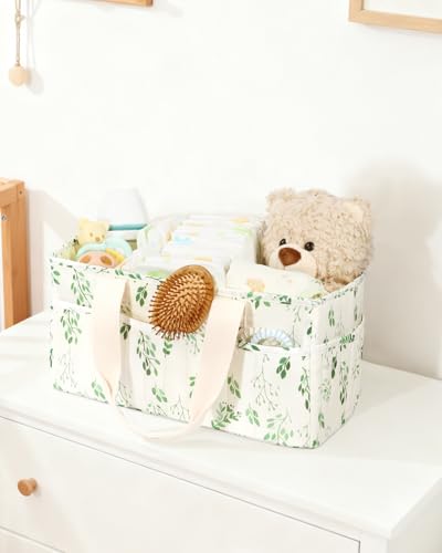 BuyCard Leaf Pattern Diaper Caddy Organizer, Nursery Storage Basket with Handle, Baby Essentials Holder, Cream with Green Floral Design
