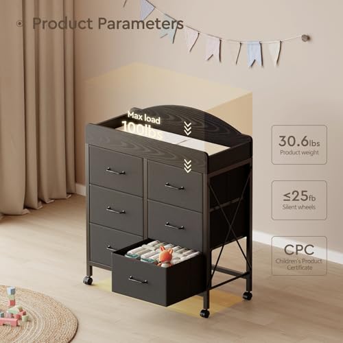 Yetom Baby Changing Table Dresser with Wheels, 6-Fabric Drawer Baby Dresser with Changing Table Top, Waterproof Diaper Changing Station & Pad, Mobile Storage Unit, Compact Baby Furniture, Black