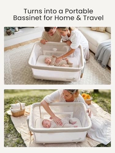GROWNSY 5-in-1 Baby Bassinet Bedside Sleeper with Gentle Rocking Mode, 6 Adjustable Heights, Full Breathable Mesh, Convertible to Portable Crib, Bassinets with Mattress & Wheels, Beige