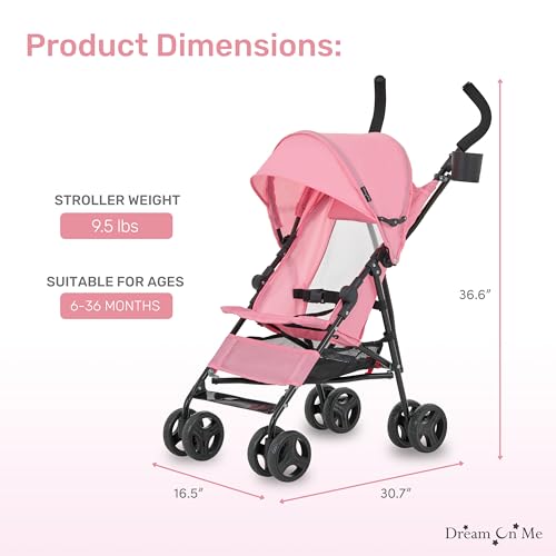 Dream On Me Rover Convenience Baby Stroller – Lightweight & Compact Travel Umbrella Stroller, Quick One-Hand Fold, Lockable Rear Wheels, Adjustable Canopy, 3-Point Safety Harness & Cup Holder - Pink