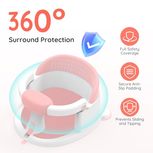 PANUSU Baby Bath Seat for Babies Sitting Up, Non-Slip Baby Bath Chair with Strong Suction Cups, Lockable Armrest & High Back 360° Safety Support, Ideal for Active Toddlers 6-24 Months, Pink