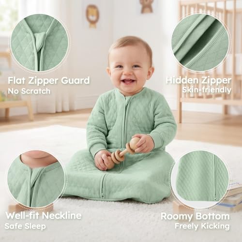 Yoofoss Baby Sleep Sack 6-12 Months 1.0 Tog Long Sleeve Sleep Sack Organic Cotton Wearable Blanket for Infants 2-Way Zipper Quilted Sleeping Sacks(Medium)