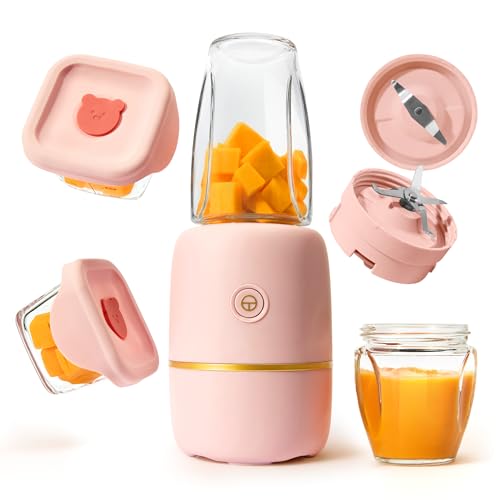 Kwiplee Bubble Blender, Baby Food Maker & Puree Blender with 2 Borosilicate Glass Cups, Compact Baby Bullet for Smoothies, Hands-Free One-Touch, 200W Motor, Rose
