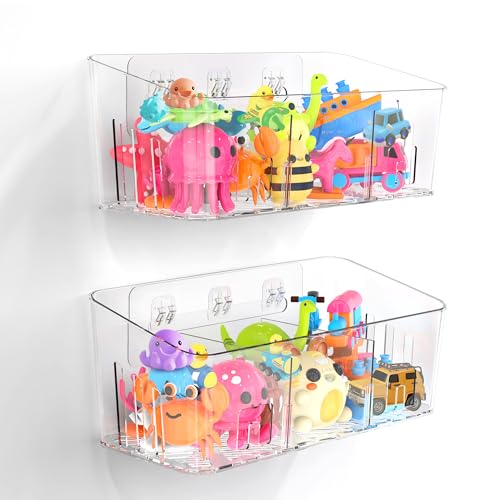 Lysam Bath Toy Storage 2 Packs, Large Bath Toy Holder with 3 Compartment, Quick Dry Bathtub Toy Organizer, Bath Tub Toy Net, Shower Toy Basket & Bin, Bathroom Accessories for Baby,Toddler,Kids（Clear）