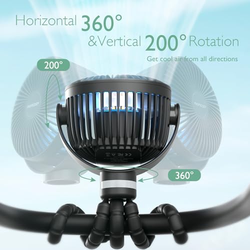 Momcozy 8000mAh Portable Stroller Fan | 27H Ultra-long Battery Life | Detachable 4 Speed 360°Rotate | 2 Modes LED Night Light, USB Rechargeable Handheld Cooling Fan for Travel, Car Seat, Bedroom
