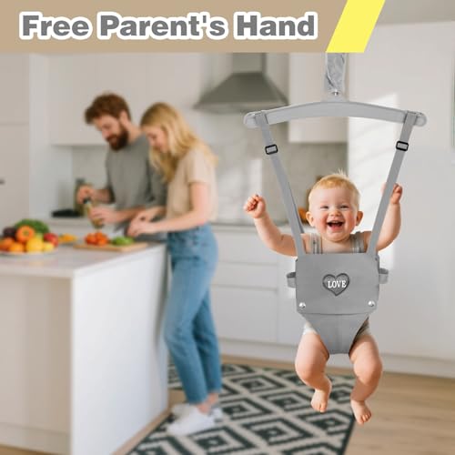 Baby Jumper with Stand, Infant Jumper with Adjustment Strap, Indoor/Outdoor Toddler Swing Set, Baby Jumpers and Bouncers for Boys Girls 6-24 Months, Easy to Assemble & Store (Gray)