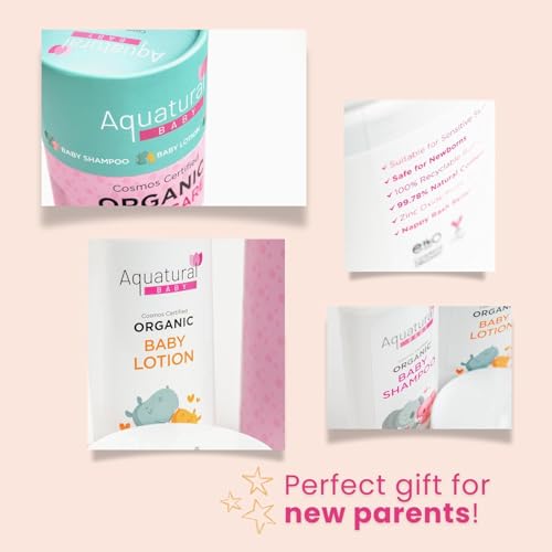 Aquatural Organic Baby Essentials Bath Care Set - Certified Organic Baby Shampoo, Lotion & Nappy Cream - Dermatologist Tested, Newborn Safe, Gentle & Nourishing