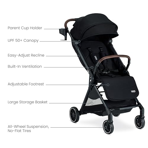 Britax Juniper Compact On-the-Go Stroller, Effortless Fastpack System with One-Hand RapidFold, Portable & Lightweight for Travel, Built-in Carry Handle, Ventilating Fabrics, Raven Black