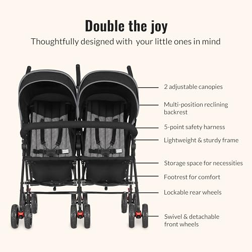 Dream On Me Volgo Twin Baby Stroller, Lightweight Side-by-Side Double Umbrella Stroller with Adjustable Canopy, 5-Point Harness, Storage Basket & Travel-Friendly Fold – Black