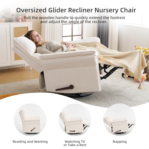 Rhevoy Oversized Recliner Chair, 26" Extra Wide 360° Swivel Rocker Recliner with Adjustable Headrest, Chenille Glider Rocking Nursery Chair with Overstuffed Armrest, Lumbar Support, White