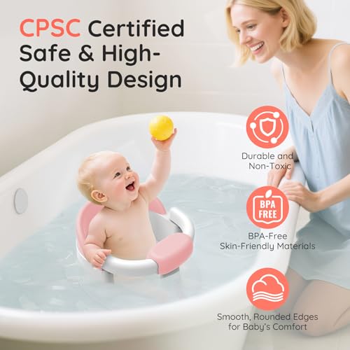 PANUSU Baby Bath Seat for Babies Sitting Up, Non-Slip Baby Bath Chair with Strong Suction Cups, Lockable Armrest & High Back 360° Safety Support, Ideal for Active Toddlers 6-24 Months, Pink