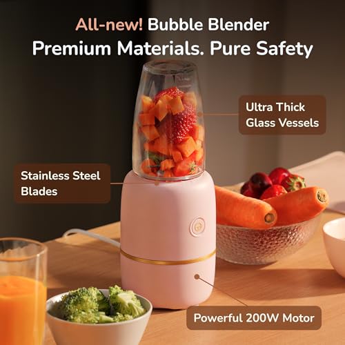 Kwiplee Bubble Blender, Baby Food Maker & Puree Blender with 2 Borosilicate Glass Cups, Compact Baby Bullet for Smoothies, Hands-Free One-Touch, 200W Motor, Rose