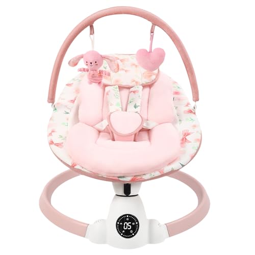 Baby Swing for Infants with 5 Swing Speeds, Portable Electric Baby Swing with Bluetooth, Touch Panel, 5-Point Harness, Indoor & Outdoor Use, Pink