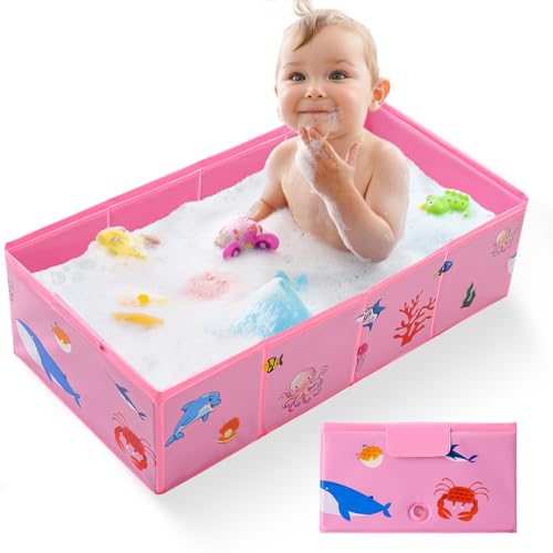 Tohetsuzp Collapsible Baby Bathtub, Portable Foldable Travel Bath Tub for Infant Toddler, Converts Shower to Tub, No Assembly Folds Flat for Storage, 6M-5 Years, Pink