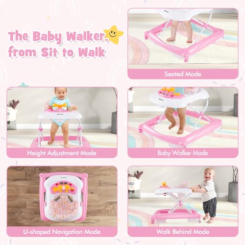 HONEY JOY Baby Walker, 5 in 1 Infant Activity Walker with Wheels, Music, Removable Cushion, Toddler Foldable Push Walker for Boys Girls, Anti-Rollover Walkers for Babies 7-14 Months (Pink)
