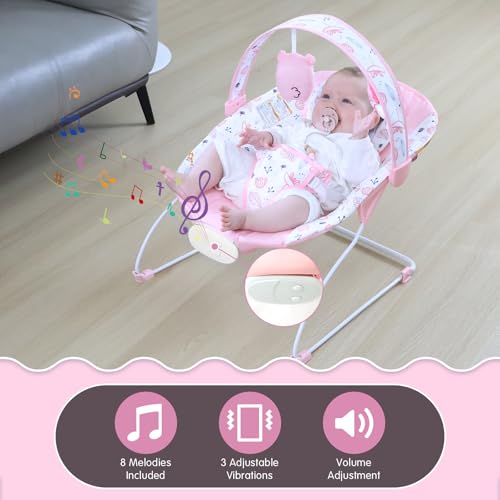 Portable Baby Bouncer Seat with 8 Melodies, 3 Vibration Levels & Adjustable Volume, Foldable Infant Bouncer Rocker with Safety Harness for Baby 0-6 Months, Indoor & Outdoor Use BR2402