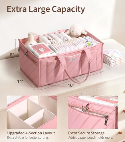 VKSAO Extra Large Diaper Caddy Organizer – Big Nursery Storage Basket with Zipper Pocket, Shoulder Strap & Stroller Hooks, Water-Resistant Travel Tote for Twins, Gift for Baby Shower, Blush Pink